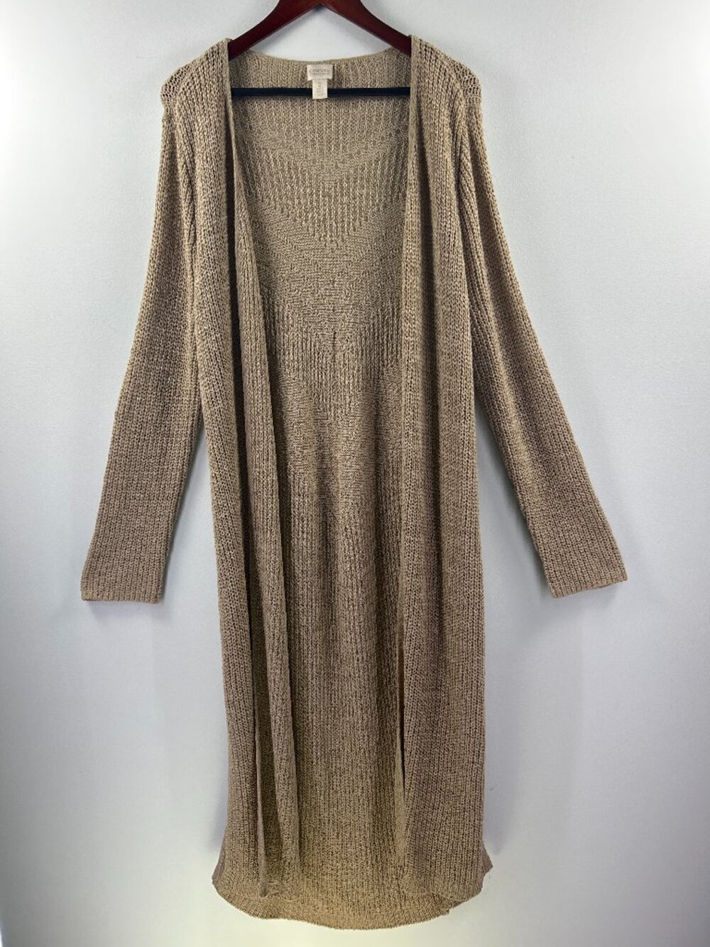 Chico's Collection Tan Open Front Long Duster Cardigan Sweater Size 2